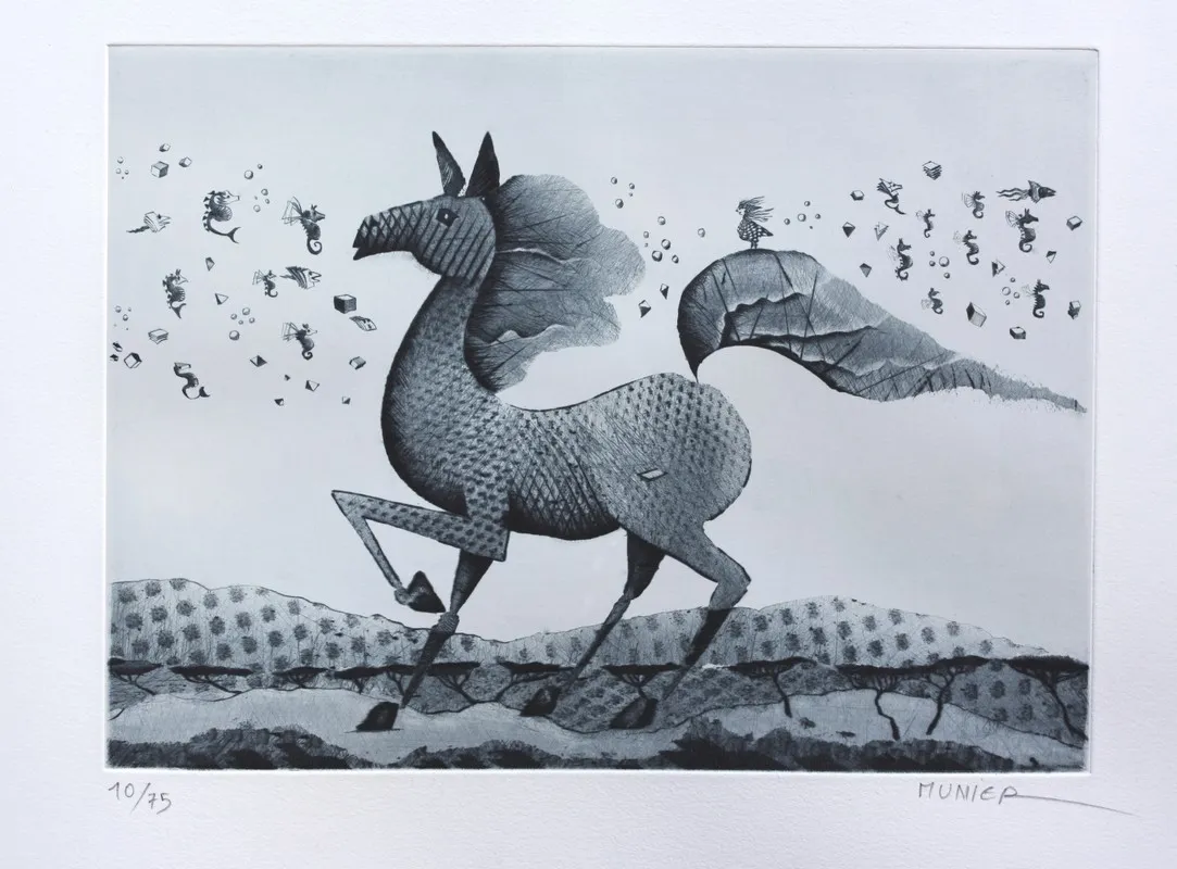 Cheval et ses compagnons, gravure de Jean-Marie Munier