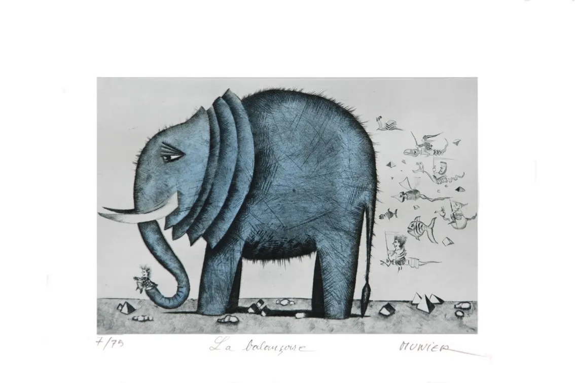 Éléphant bleu, gravure de Jean-Marie Munier
