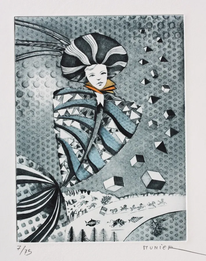 Femme au col orange, gravure de Jean-Marie Munier
