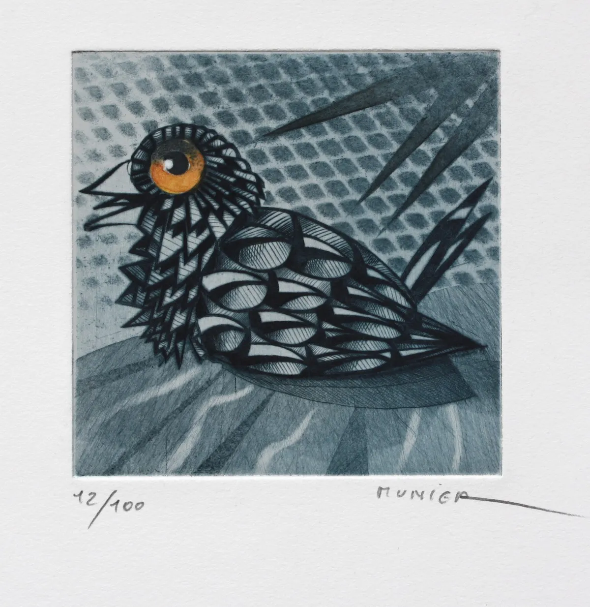 Herbe et oiseau, gravure de Jean-Marie Munier