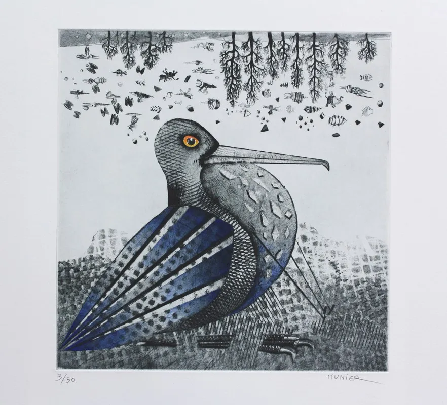 Oiseau tranquille, gravure de Jean-Marie Munier